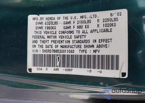 2002 Honda Cr-V Ex from USA, damaged, VIN SHSRD78852U011040
